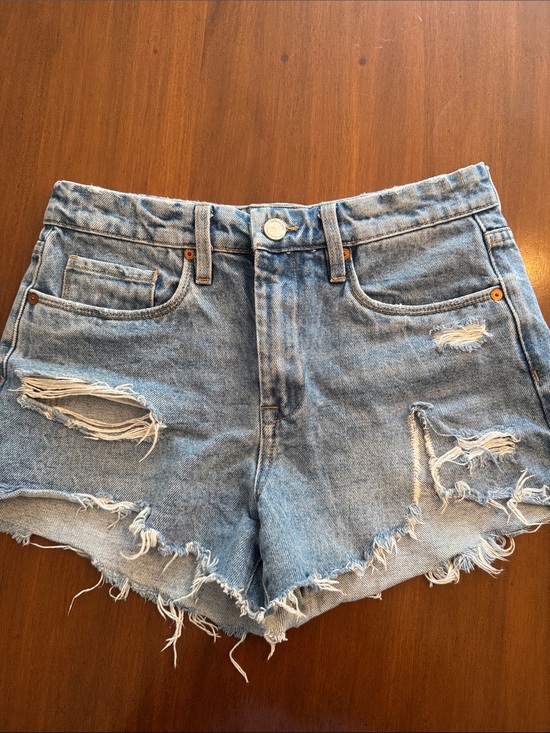 Pants - High-Rise Distressed Denim Shorts - Light Blue